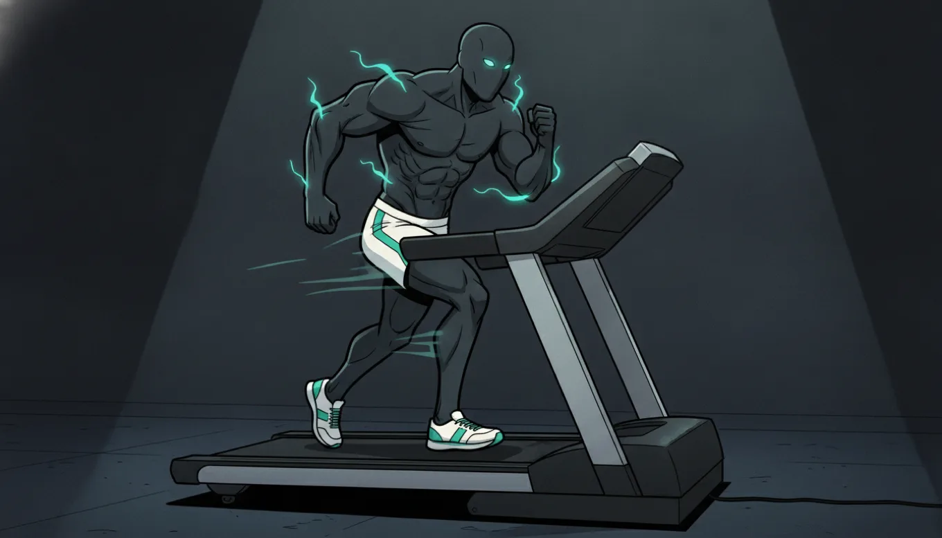 The charcoal mascot running hard on a treadmill in a dim spotlight with tense teal energy crackling off his arms, evoking the anxious belief that every cardio session is burning away hard-won muscle.