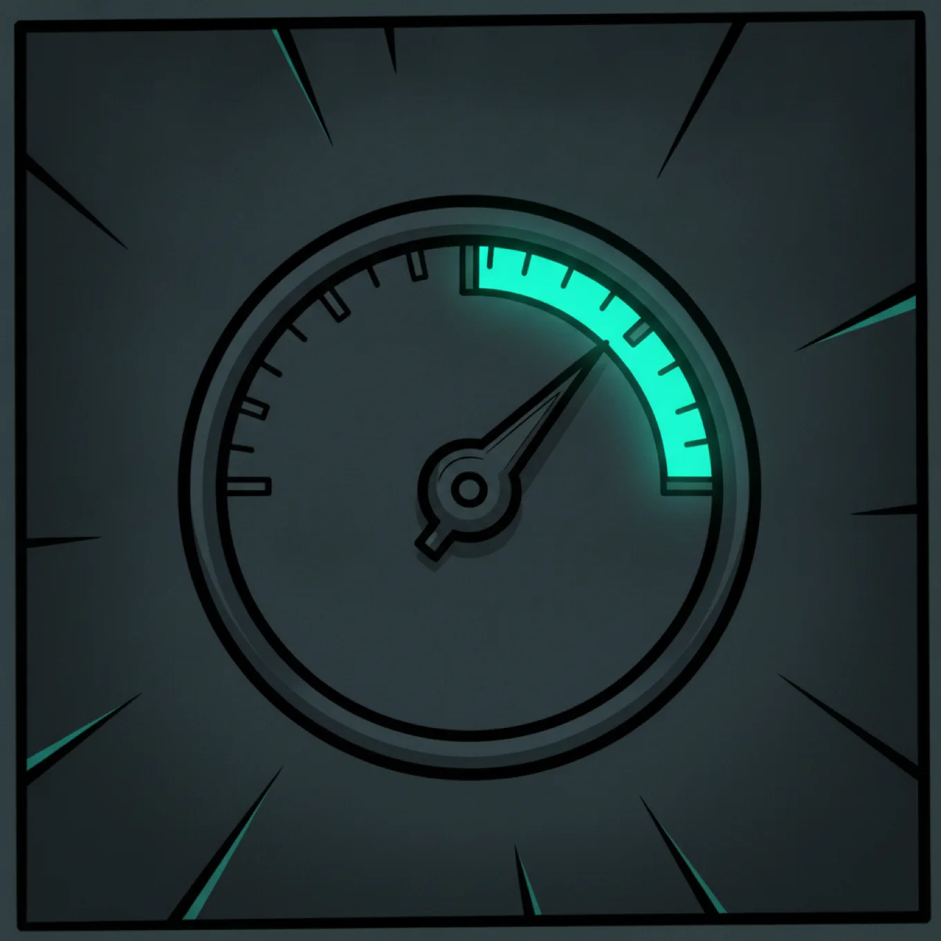 A dark comic gauge with its needle glowing teal and resting inside the green upper zone, symbolizing keeping cardio dialed into a safe, sustainable dose that won't cost you muscle.