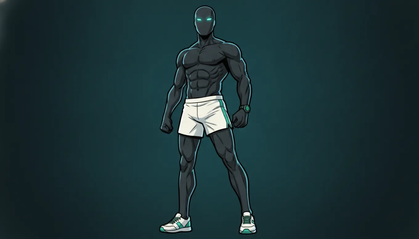 The mascot standing tall and lean in a confident wide-legged hero stance with glowing teal eyes on a deep dark-teal backdrop, the takeaway that you can keep your gains and your cardio.