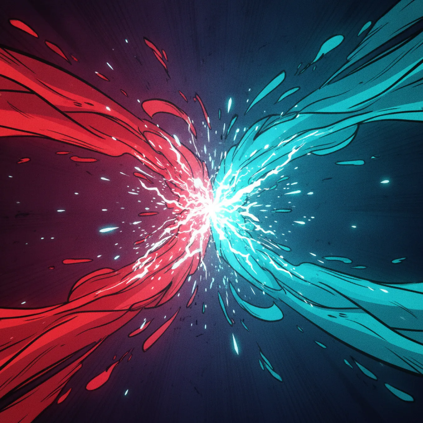 Two waves of energy, red on the left and teal on the right, colliding head-on in a bright clash of sparks on a dark field, showing how stacking more work makes the two training goals interfere instead of add up.