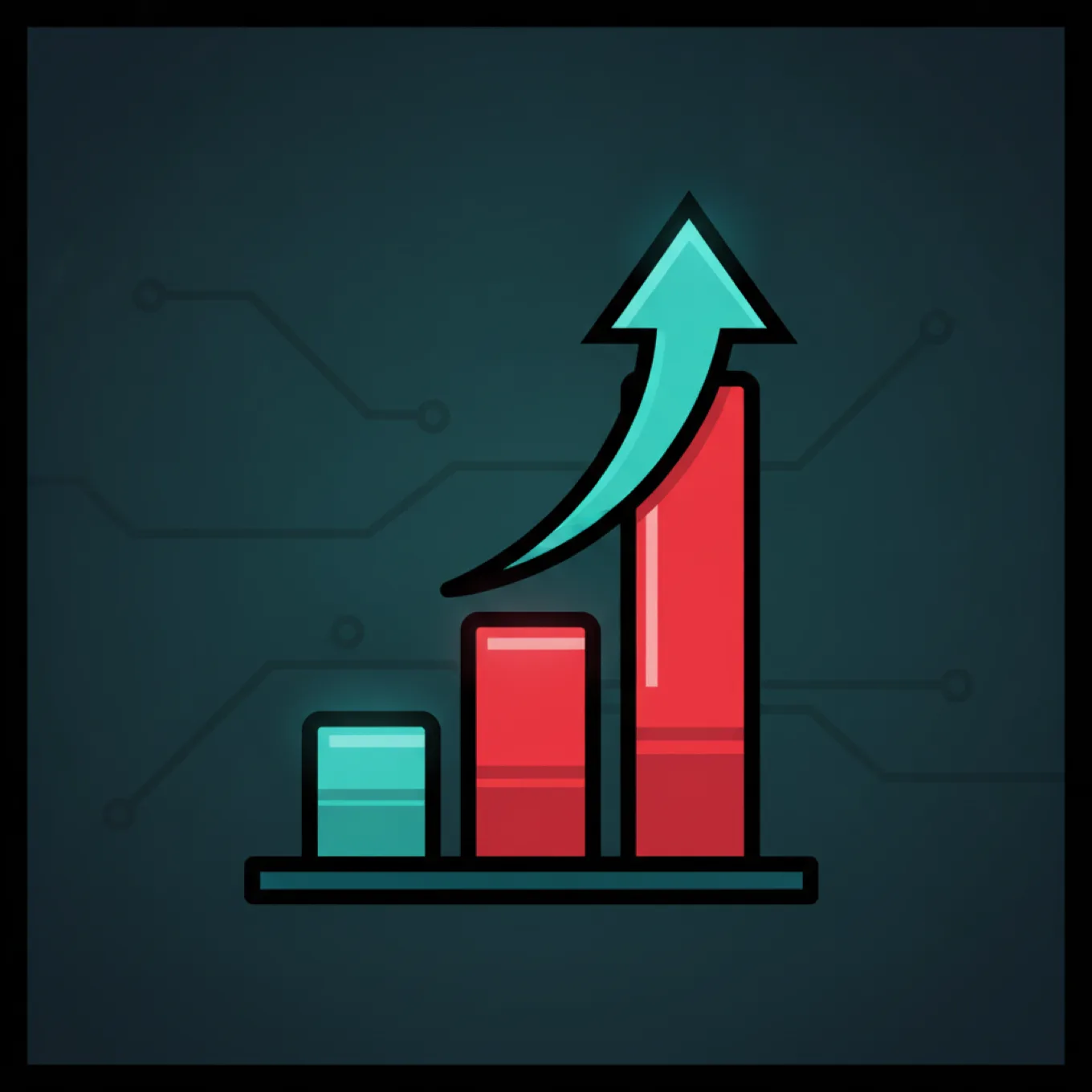 A bold comic-style bar chart rising left to right with a teal upward arrow on a dark teal background, representing steady progress that comes from structure rather than raw effort.