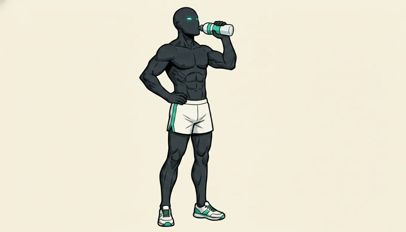 The full-body charcoal mascot pausing mid-run to drink from a water bottle, one hand on the hip, standing in for taking on fluid and fuel before energy runs out.