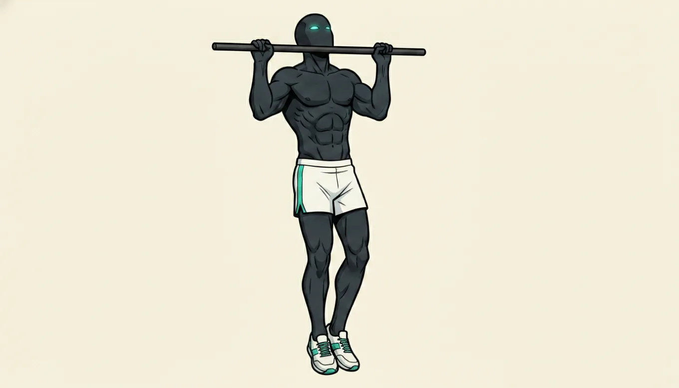 The mascot at the top of a pull-up on a bar, arms flexed and body lifted, showing the pullup-bar move at the center of the five-exercise routine.