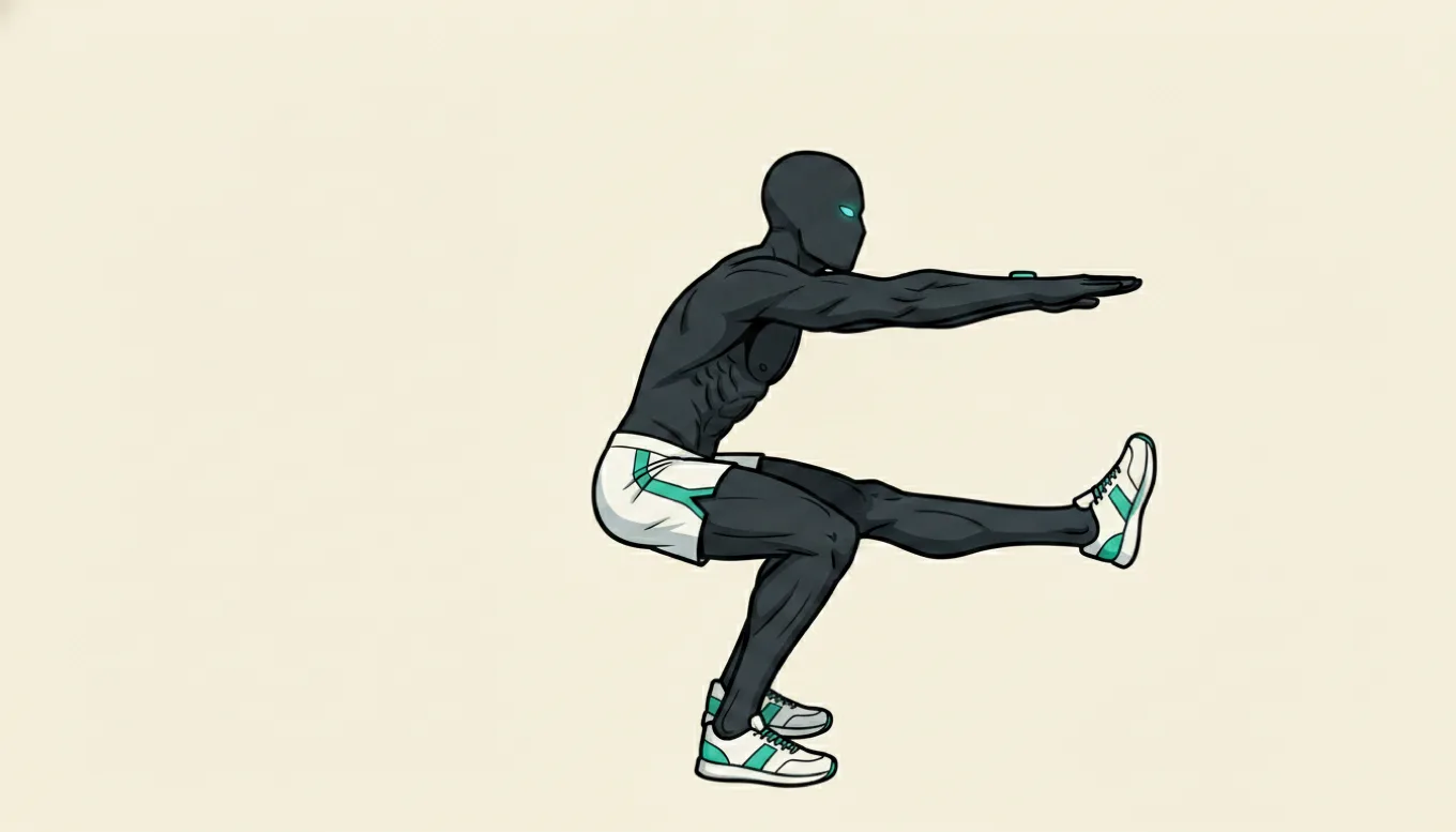 The mascot performing a single-leg pistol squat with one leg extended forward, demonstrating an advanced variation that makes bodyweight training genuinely hard.
