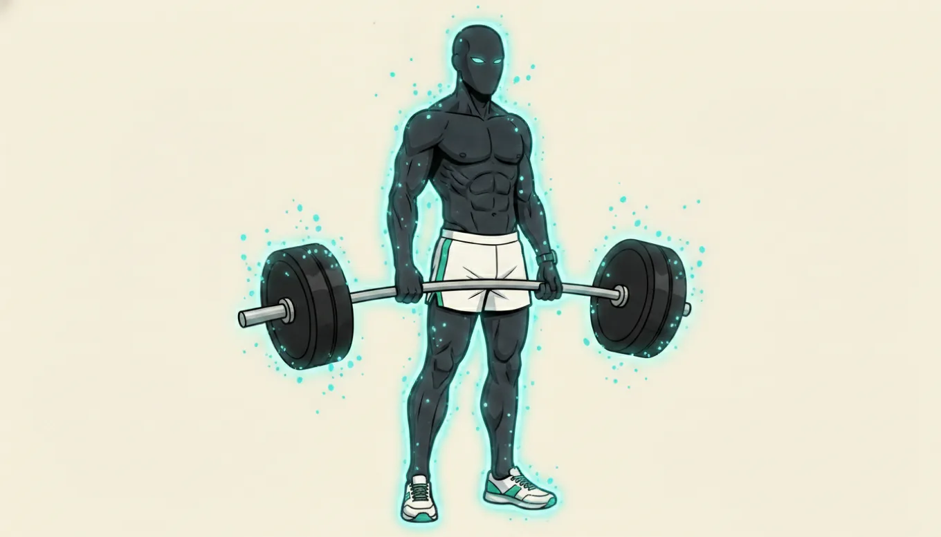 The mascot holds a loaded barbell at the top of a deadlift, wrapped in a bright teal energy aura against a light backdrop, signalling the muscle-building strength work behind body recomposition.