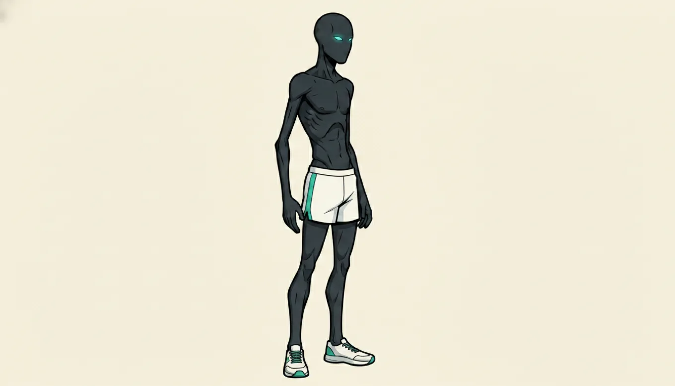 Side profile of the charcoal mascot in running shorts and trainers, standing still, with noticeably thin, flat, undeveloped legs — the classic skinny-legs-from-running physique.