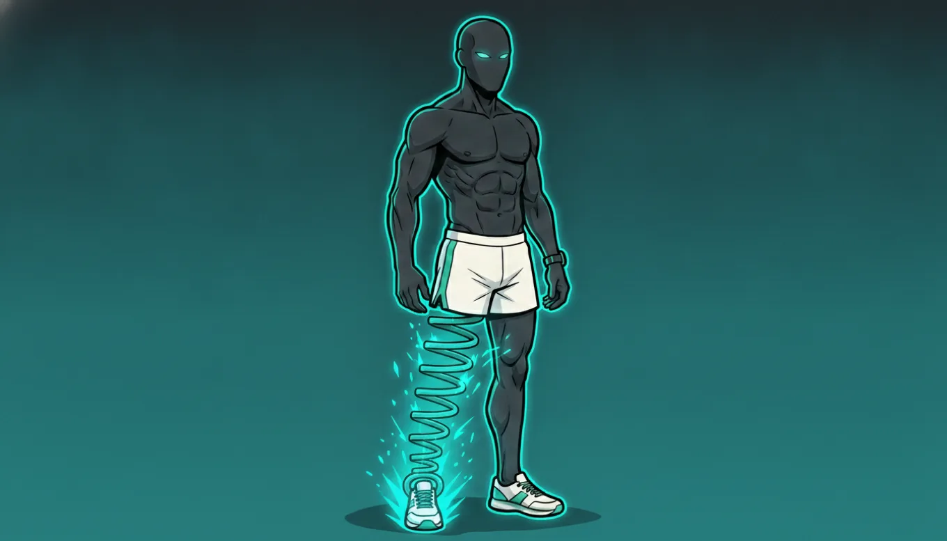 The mascot stands on a dark teal background with a glowing coiled spring rendered beneath one leg, visualizing the missing tension and elastic-load signal that running alone never delivers.