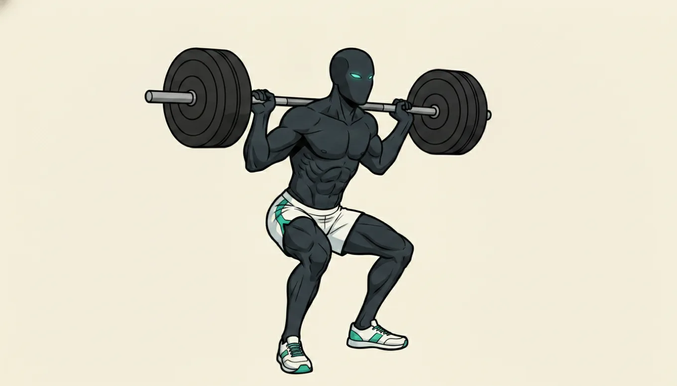 The mascot performing a deep barbell back squat with a heavily loaded bar across the shoulders, thighs under full tension — the flagship lift for actually building leg muscle.