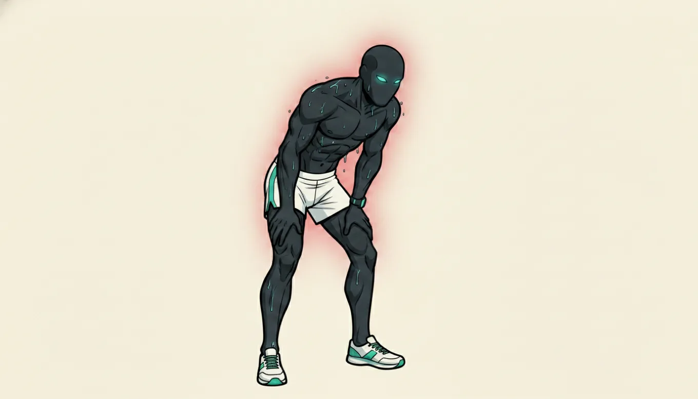 The mascot is doubled over with hands on knees, dripping sweat and wrapped in a faint red glow of fatigue, the moment the race breaks a competitor.