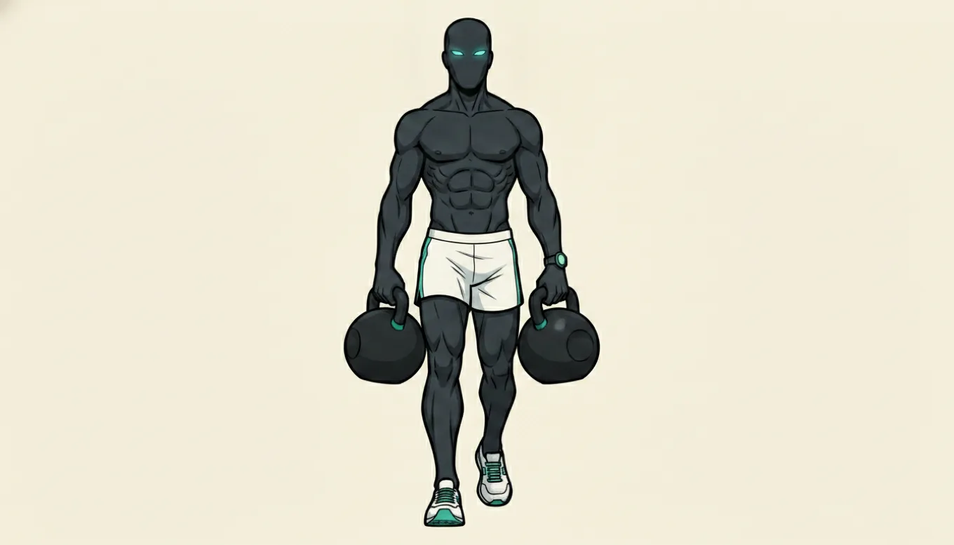 The mascot strides forward carrying a heavy kettlebell in each hand in a clean farmer's carry, illustrating the station-specific strength work you train for HYROX.