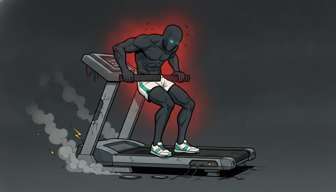 The charcoal mascot hunched over and grinding on a cracking, smoking treadmill inside a red angry glow, showing that all-out suffering is breaking the machine rather than building it.