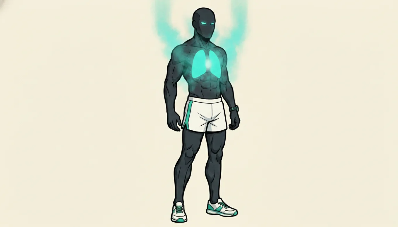 The mascot standing in a full-body hero pose with glowing teal lungs and an energy core radiating from its chest, symbolizing deliberately building the aerobic engine.