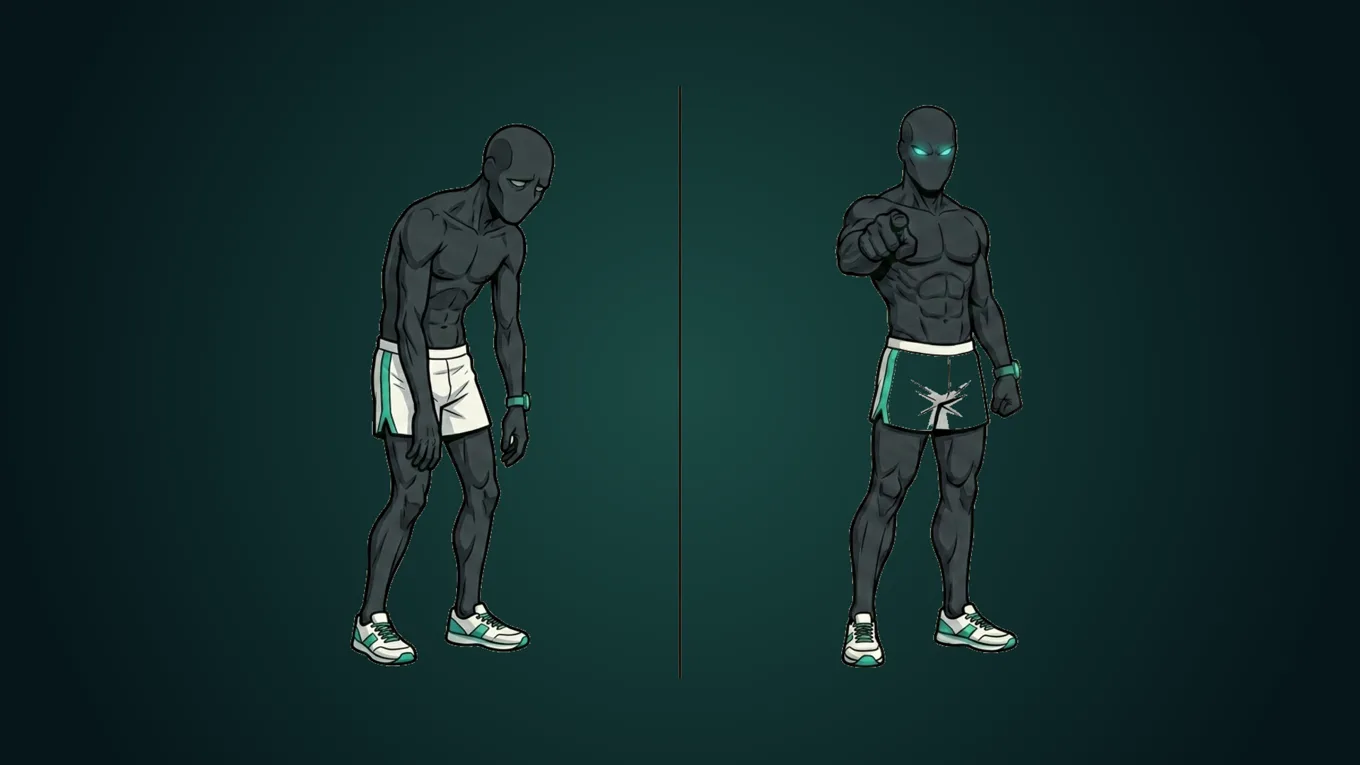 On a dark teal background, two versions of the charcoal mascot stand side by side: a slumped, thin runner on the left and a fuller, confident built figure pointing forward on the right.