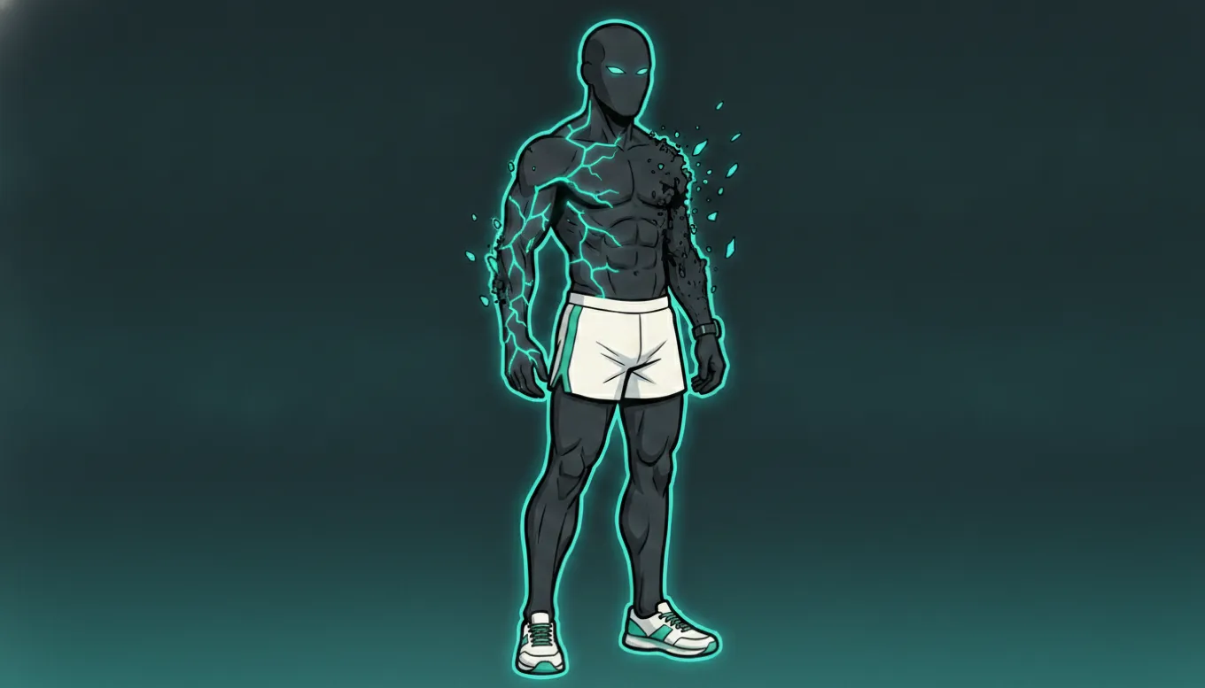 The dark mascot stands against a black background with glowing teal cracks running across his body as his shoulder and arm visibly flake and disintegrate into fragments, suggesting muscle being stripped away.