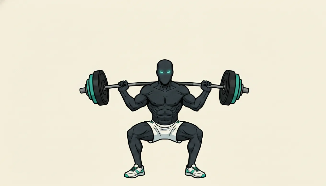 The charcoal mascot holds a deep barbell back squat, loaded plates across his shoulders and glowing teal eyes, front-on against a pale backdrop.