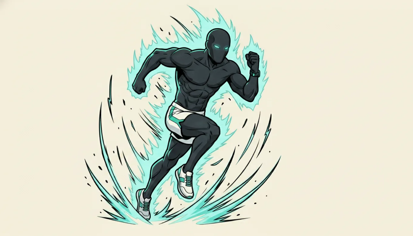 A muscular version of the mascot sprints forward mid-stride wrapped in an explosive teal energy aura, looking both powerful and fast.