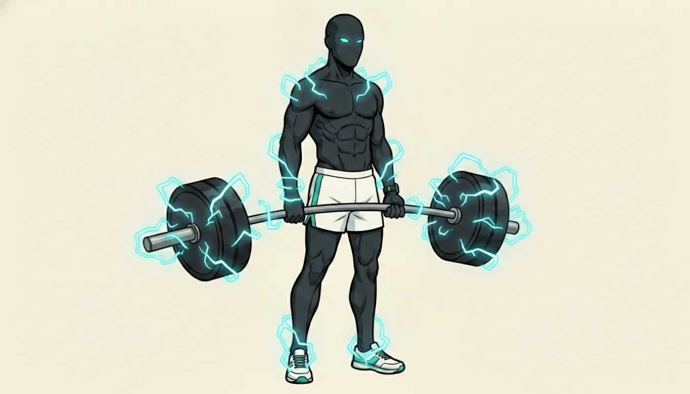 The mascot standing tall gripping a barbell, wrapped in crackling teal lightning like a shield, illustrating strength as protective armor.