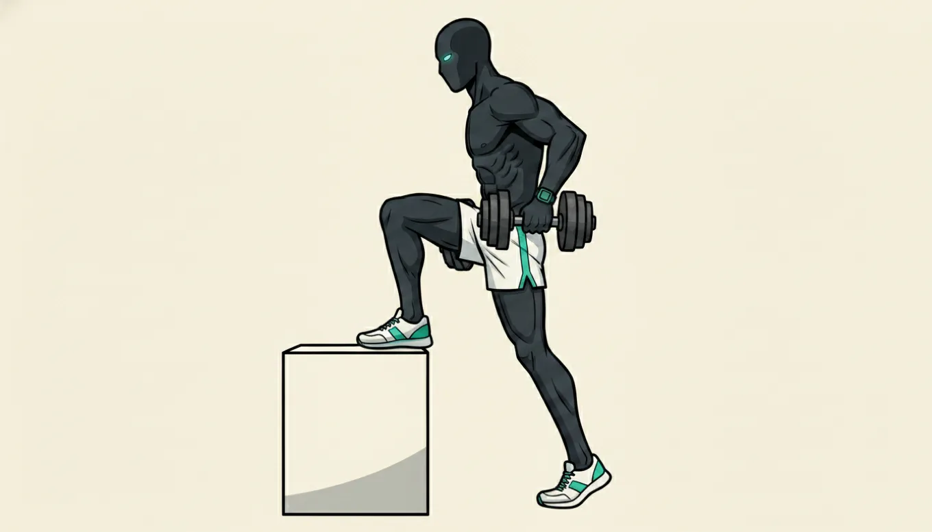 The mascot performing a single-leg dumbbell step-up onto a box, demonstrating one of the key lifts that protect a runner's knees and hips.