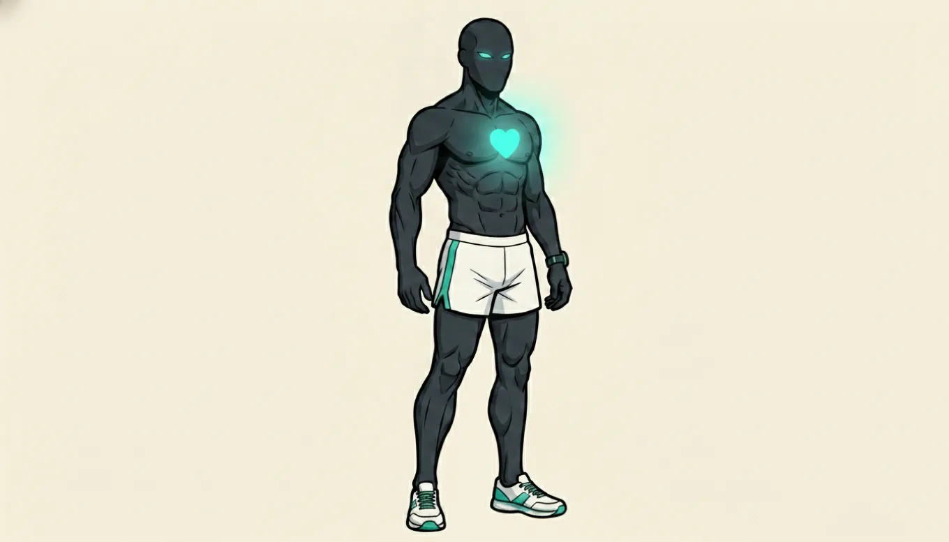 The charcoal mascot standing calmly with a glowing teal heart lit up in his chest, spotlighting the cardiovascular engine that heavy lifting never develops.