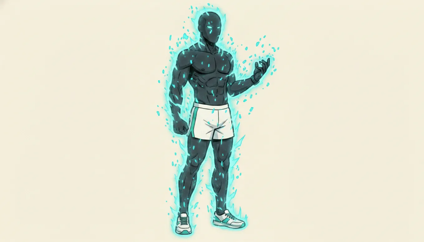 The muscular charcoal mascot in a confident hero stance wreathed in bright teal energy flames, both powerful and fully energized — strong and conditioned at last.