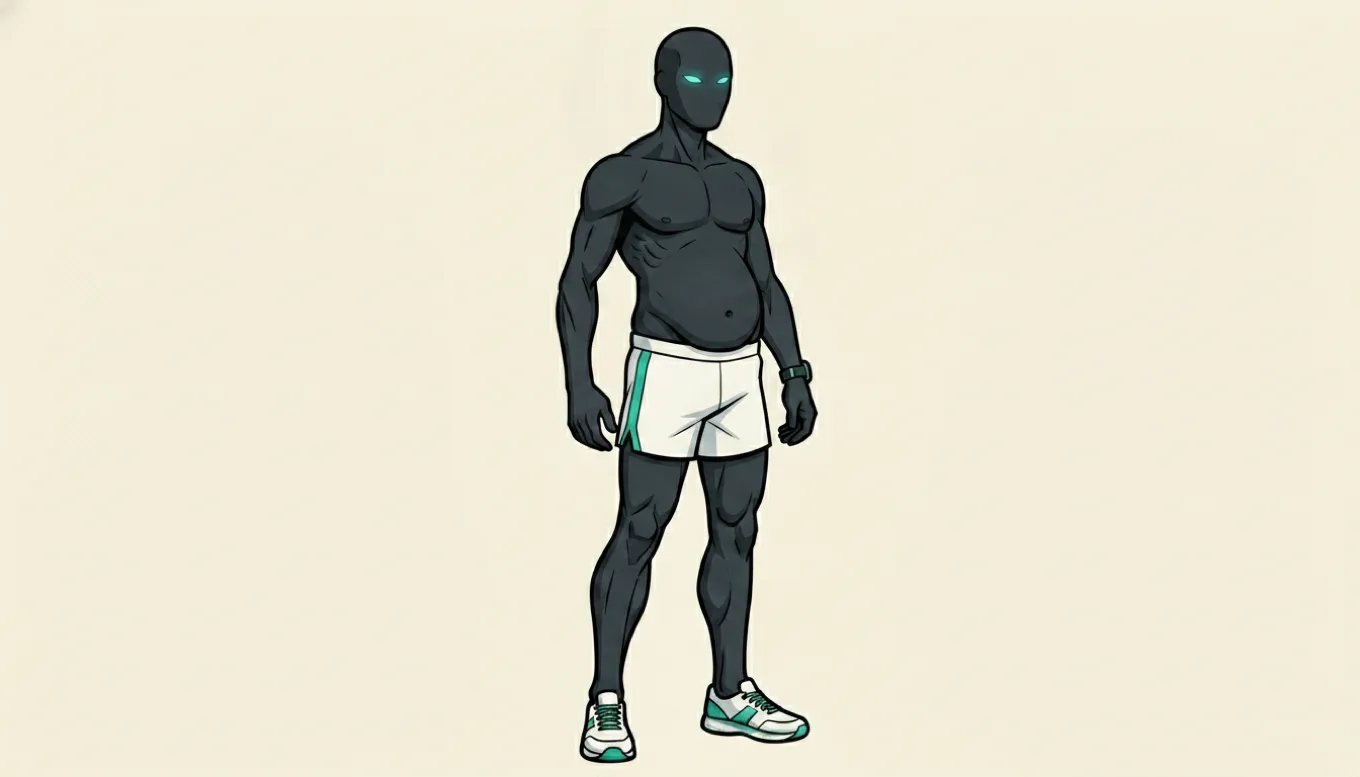 The charcoal mascot standing front-on with a lean upper body but a soft belly — the skinny-fat look of someone who trains hard yet still looks soft.