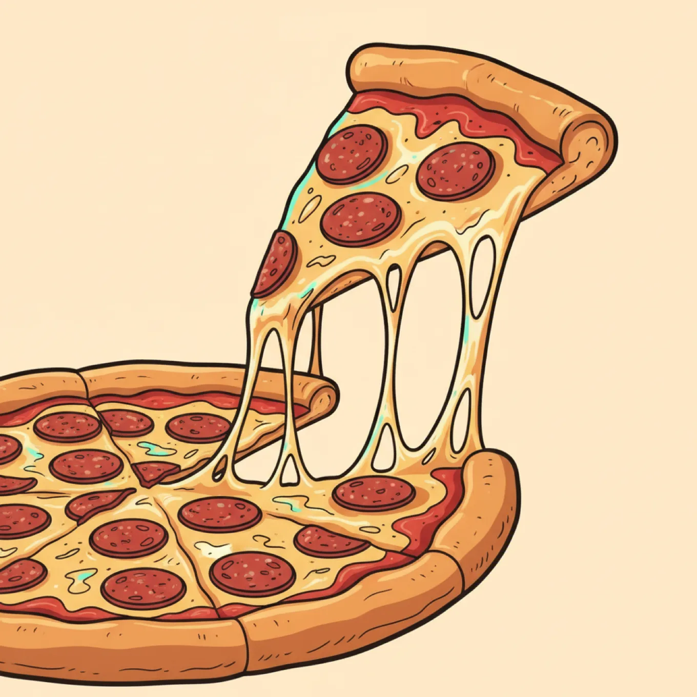 A comic-style cheesy pepperoni pizza with a slice being pulled up in a long cheese stretch, standing in for the hidden calorie thief hiding on your plate.