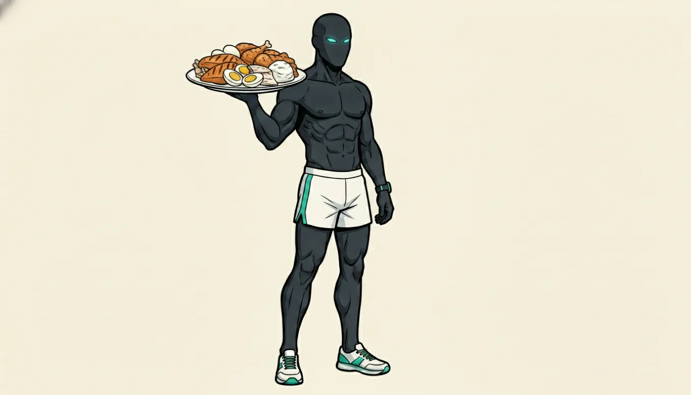 The mascot holding out a platter piled with chicken, eggs, and other high-protein foods, presenting protein as the anchor of the plate.